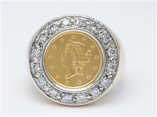 One Dollar liberty Head Coin Ring Size 6.25 14K Solid Gold Diamond 21K 1852
